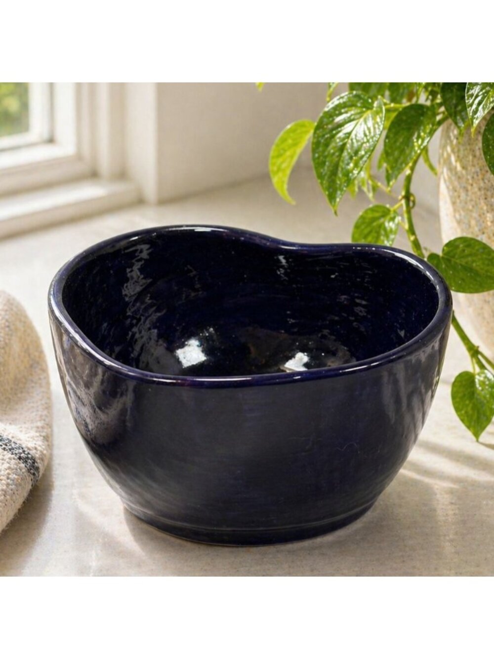 Heart-Shaped Ceramic Bowl Deep Blue Handcrafted 4" Tall 6.5" Diameter Glossy Fin